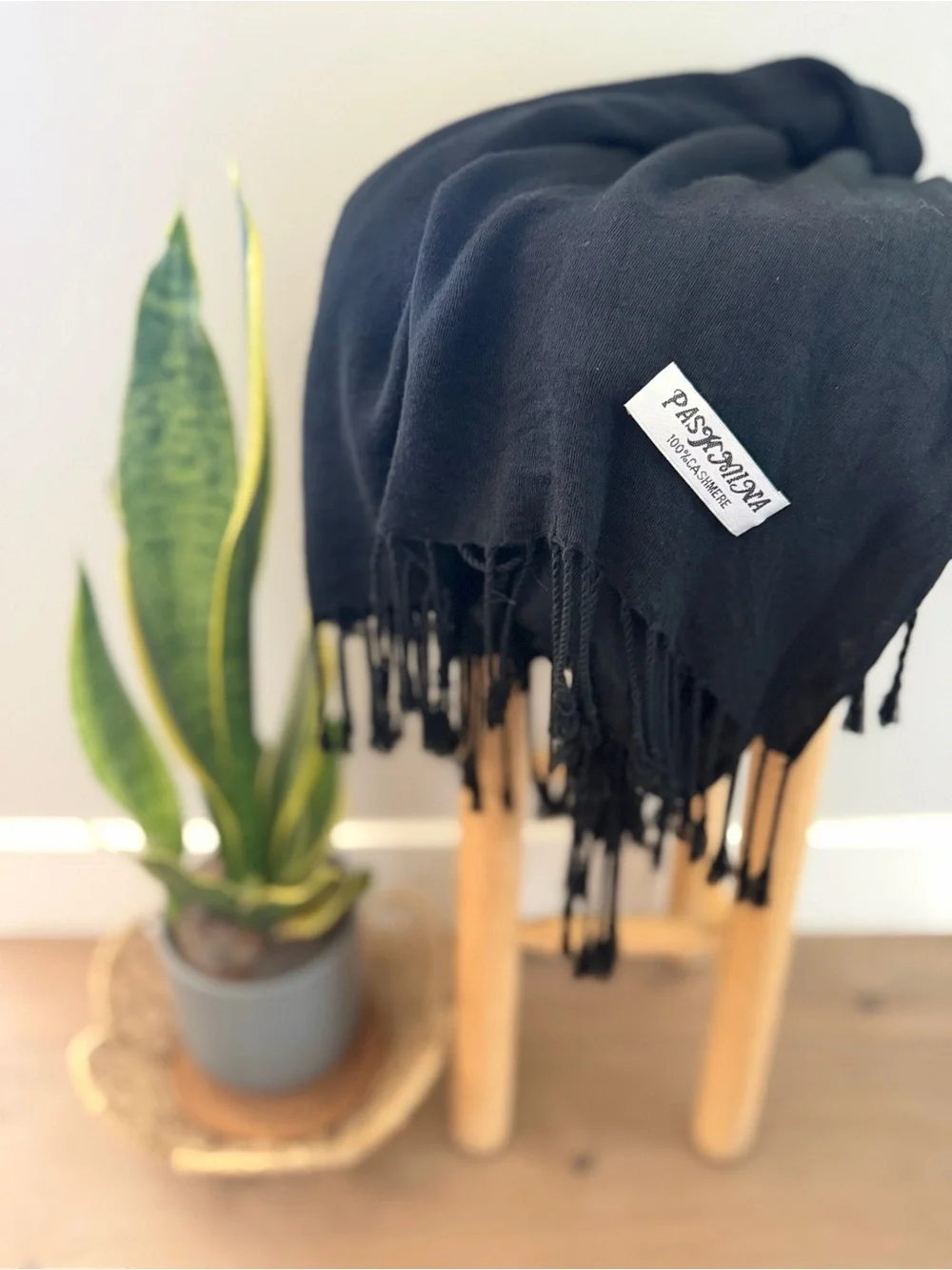 100% Cashmere Pashmina Black Luxe Fringe Scarf, 68x26